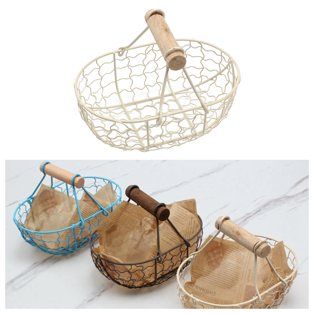 Fityle Iron Storage Basket Bread Fruit Basket with Wooden Handle Home Kitchen Desktop Organizer Snack Basket