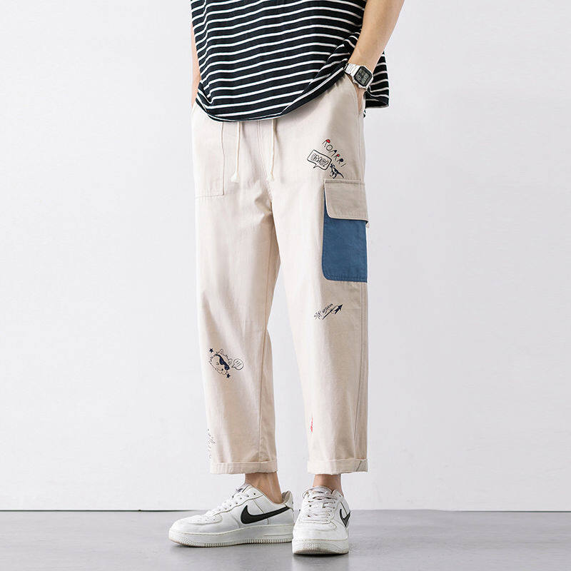 RJD995 Pants men's summer loose student Korean style trendy all-matching work clothes cropped men's casual pants straight wide leg men's pants