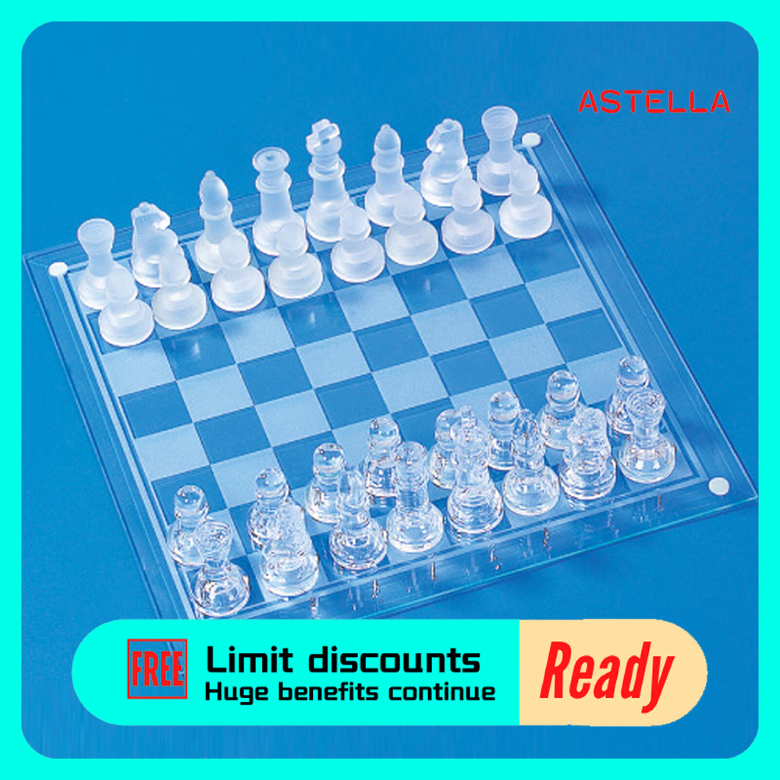 ASTELLA 25x25cm Matte Clear Glass Faux Crystal International Chess with Checker Board