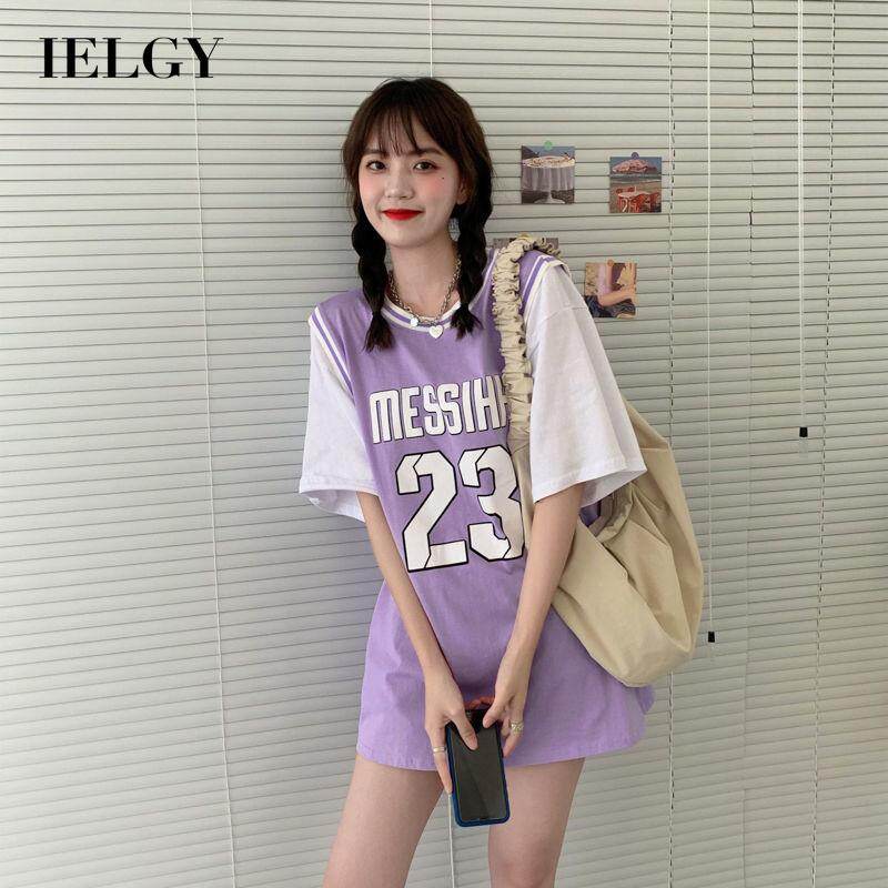 IELGY fake two-piece basketball uniform short-sleeved t-shirt female new style Korean loose sports casual top female student
