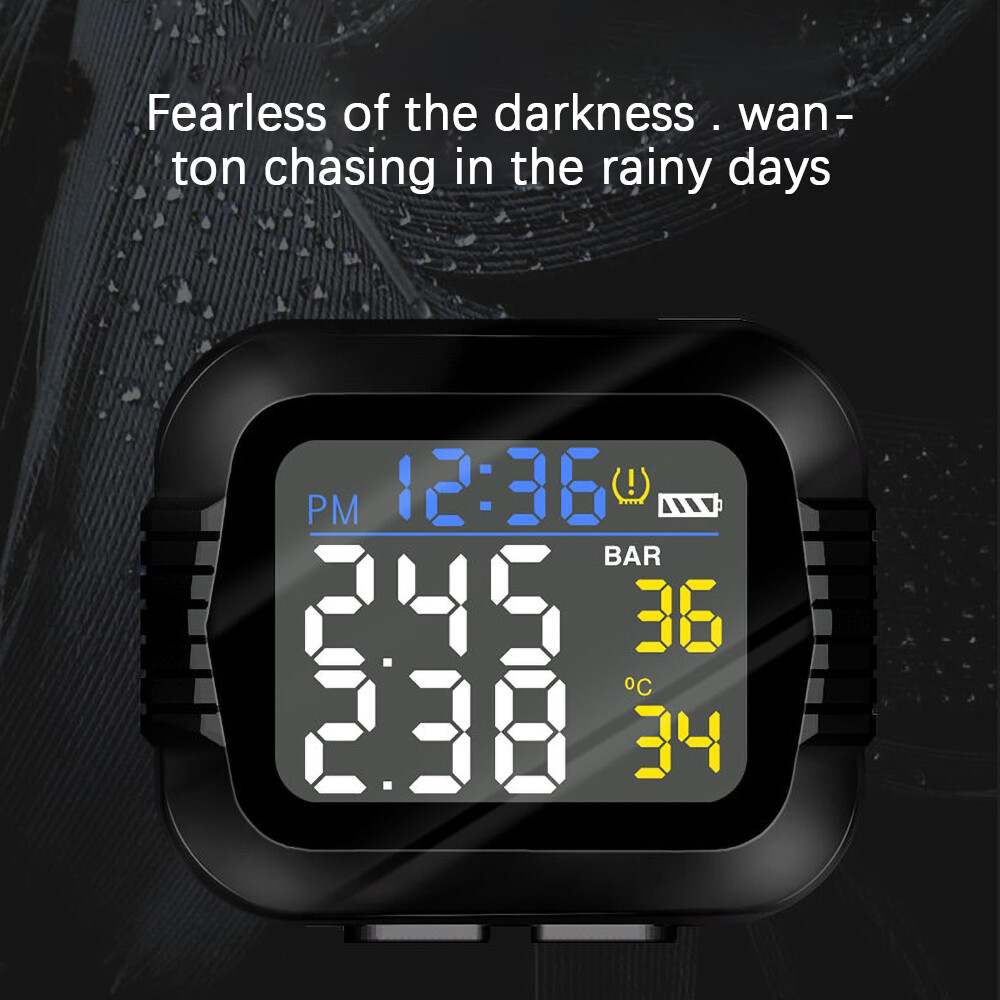 Motorcycle TPMS Wireless Tire Pressure Temperature Monitoring System Magnetic Suction USB Large LCD Digital 12/24-hour Clock Real Time Display Accurate Two Decimal Point 2 External Sensors
