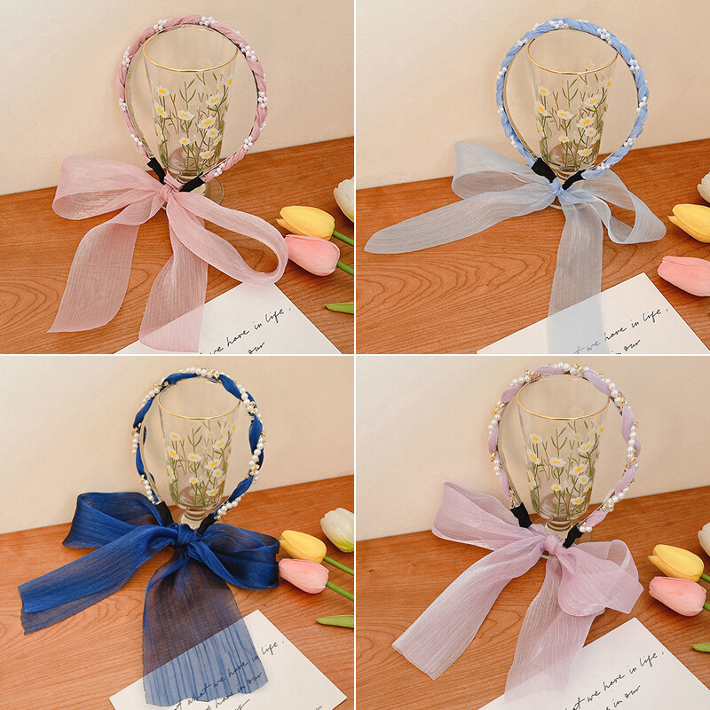 [ACC]Tulle pearl bow headband headwear