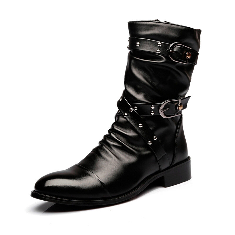 QBELY New Autumn Men Pointed Toe Stage Performance Faux Leather Boots Male Punk Studs High Heels Shoes Rivet Booties