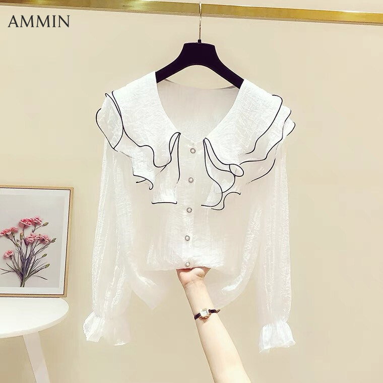 AMMIN  early autumn new French style ruffled lapel sweet chiffon shirt women's long-sleeved design Korean style flared sleeve elegant blouse female tops