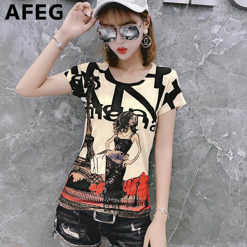 AFEG new Korean women's short-sleeved Slim print casual fashion wild temperament female T-shirt