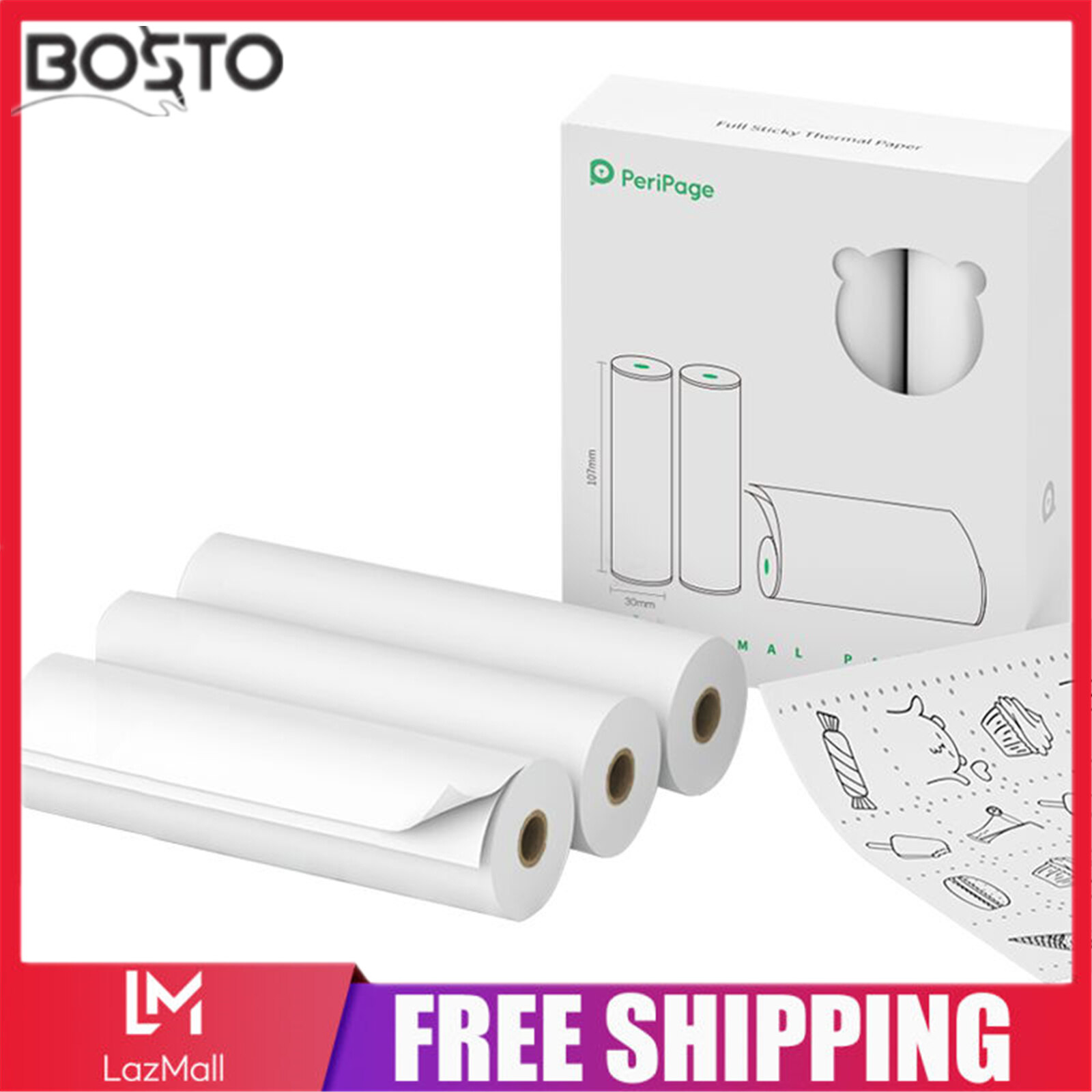PeriPage A9 Max/A9s Max Printer Paper 3 Rolls 107 x 30mm Printable Sticker Roll BPA-Free Self-Adhesive Thermal Paper Sticky Paper Waterproof Oil-proof Friction-proof