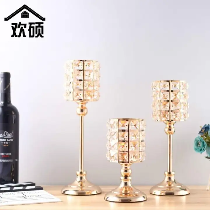 3 Pcs K9 Crystal Candle Lantern Gold Holders Wedding 3 Pcs K9 Crystal Candle Lantern Gold