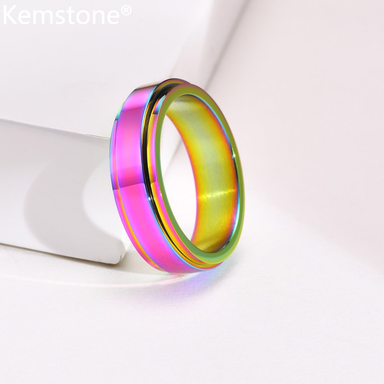 Kemstone 6MM Spinner Stainless Steel Black Rose Gold Silver Plated Multicolor Male Ring Jewelry Gift for Men's Rotatable Rings