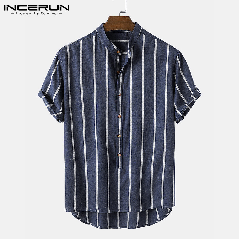 INCERUN Mens Short Sleeve T Shirt Striped Causal Tops Collarless Fit Blouse Tee (Cotton Linen)