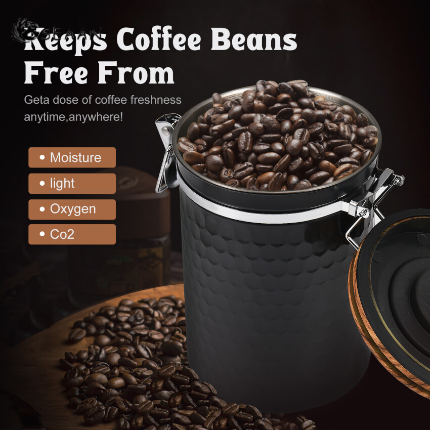 Airtight Coffee Canister With Vacuum Lid (Coffee Tea Container, Stainless Steel Storage Tin, Storage Jar Matte Black (1800ml))
