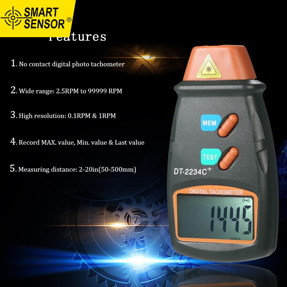 Smart Sensor Handheld Digital Photo Tachometer La-ser Non-Contact Tach Range 2.5RPM-99,999RPM LCD Display Motor Speed Meter with 3pcs Reflective Tape
