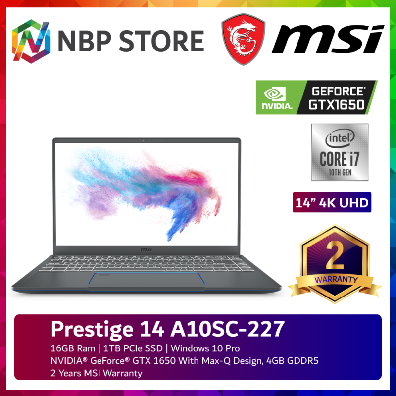 MSI Prestige 14 A10SC-227 14 4K UHD Laptop Carbon Gray ( i7-10710U, 16GB, 1TB SSD, GTX1650 4GB Max-Q, W10P ) Malaysia