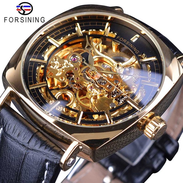 Original Forsining fashion classic golden square watch luxury hollow mechanical watch waterproof black leather men's watch. Men's gifts