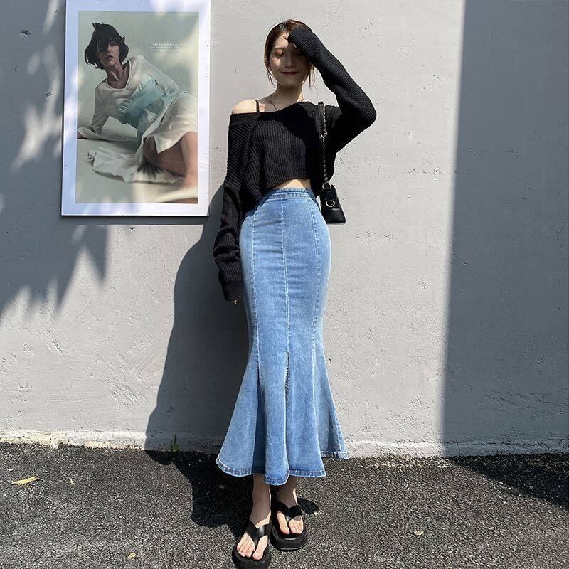 instagram celebrity jeans dress for women on sale2021 New jean skirts women high waist fishtail skirt falbala Lazada