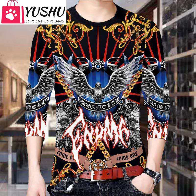 Yushu Spring New 2021 Men's Long-Sleeved T-Shirt Top Slim Soft Fashion Trend Young And Middle-Aged Round Neck Printing Bottoming Shirt