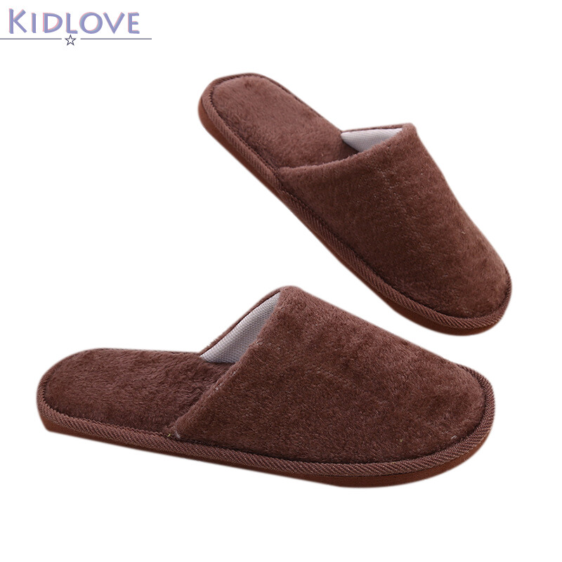 Kidlove Men Women Soft Slippers Long Plush Solid Foam Silent Soles Winter Non-slip Indoor Slippers
