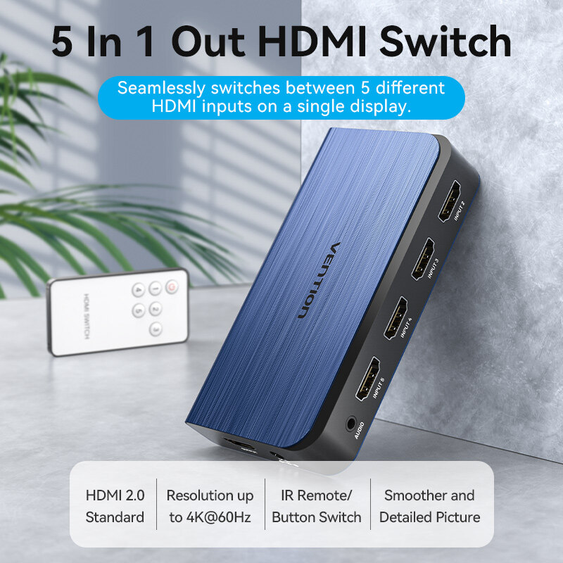 Vention HDMI Splitter 5 x 1 4K 60Hz HDMI Switch 5 in 1 Out HDMI Switcher HDMI Port Hub HDMI Spliter With Audio Extractor For Laptop Xbox Switch PS5 4 Smart TV Monitor HDMI Switcher