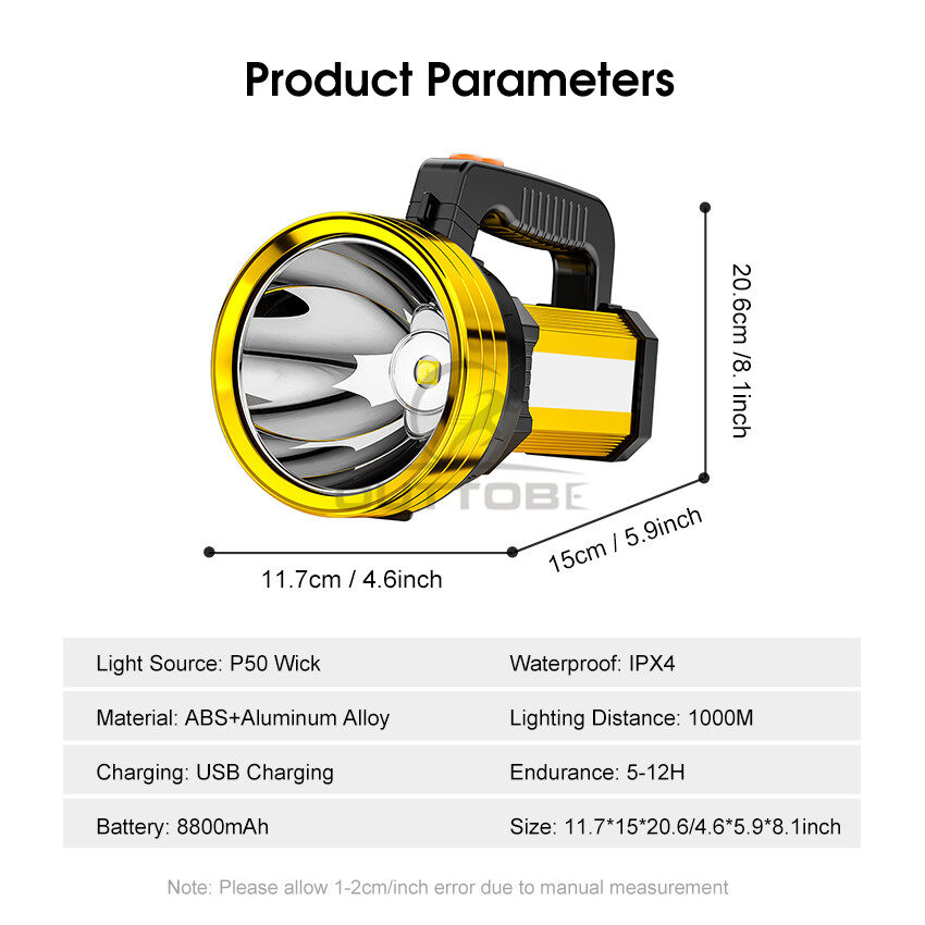 Outtobe Đèn Pin Đèn Pin Siêu Sáng P50 Đèn Pin Chống Nước Đèn Pha LED Có Thể Sạc Lại Đèn Rọi Công Suất Cao Đèn Lồng Đèn Làm Việc Với Đèn Bên Sạc Khẩn Cấp Điện Thoại Để Sửa Chữa Câu Cá Cắm Trại Ngoài Trời