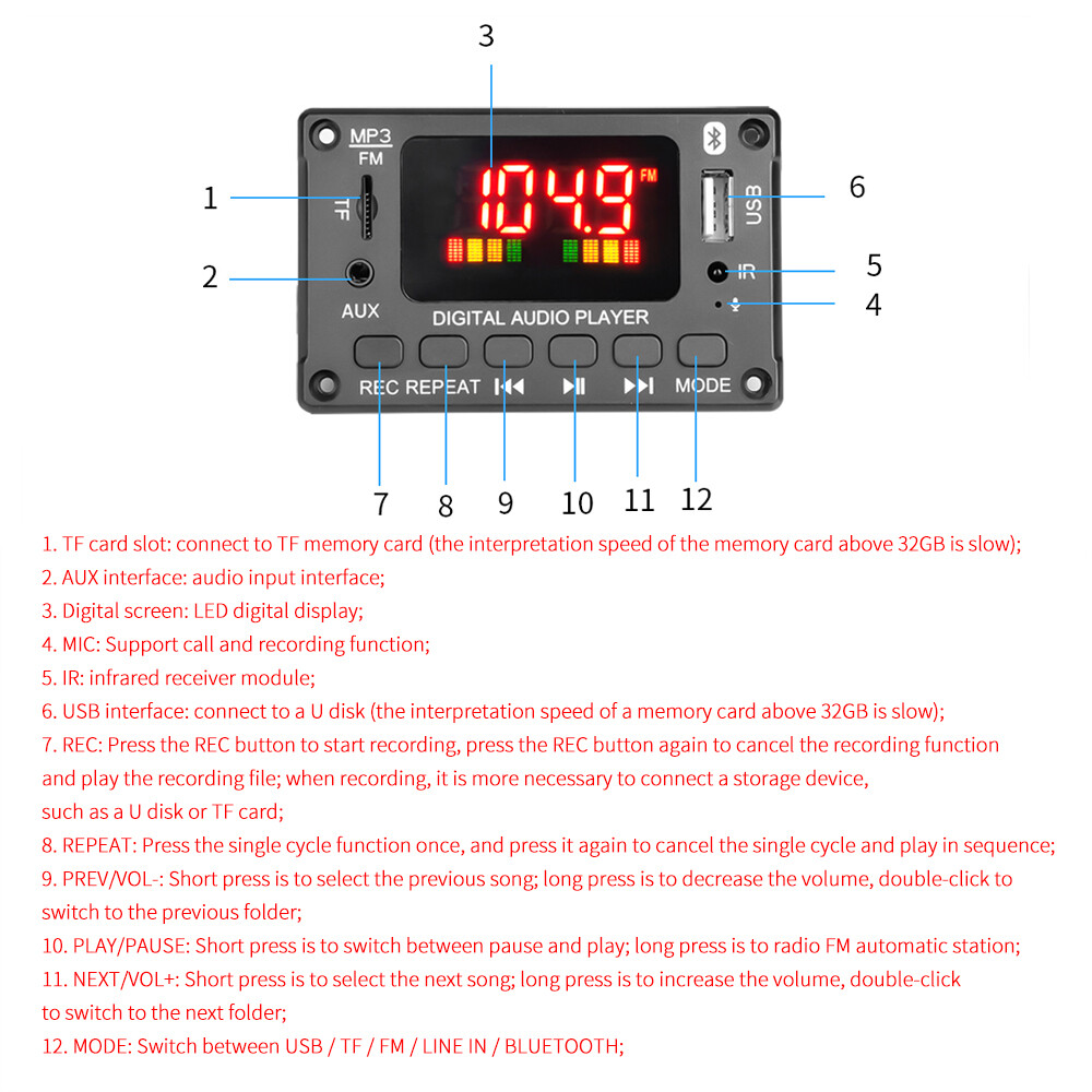 Bluetooth 5.0 MP3 Decoder Board 12V DC FM TF USB AUX Handsfree Call And Record Recording Function Decoding Board Module