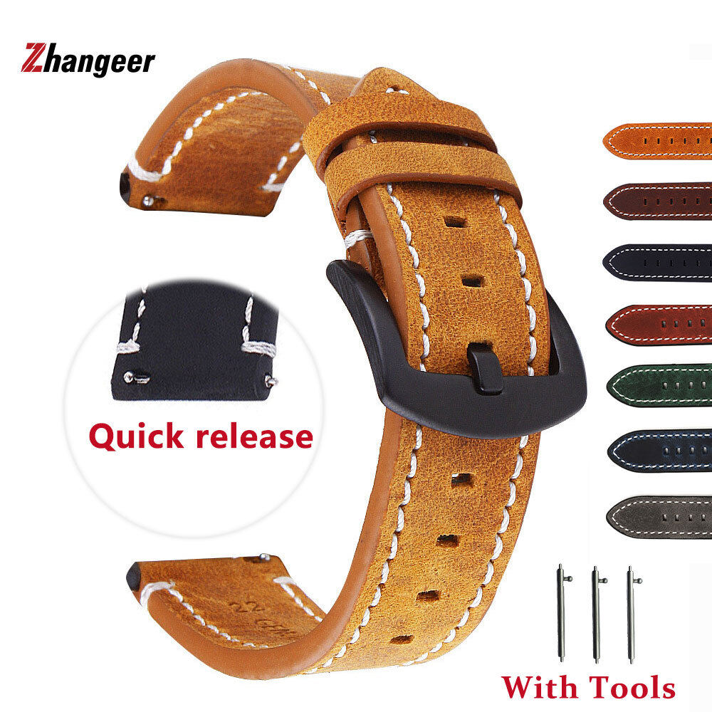 zhangeer 18mm 19mm 20mm 21mm 22mm 24mm Vintage Quick Release Retro Genuine Leather Watchband Crazy Horse Men Women Straps For Gear S3 /MOTO Watches Buckle Belt