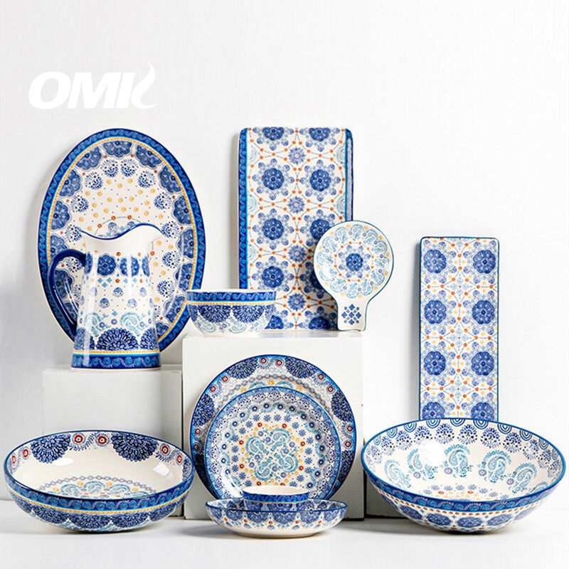 Omk màu xanh talavera loạt gốm 14 inch hình chữ nhật đĩa phẳng để thức ăn Salad món tráng miệng khay đĩa