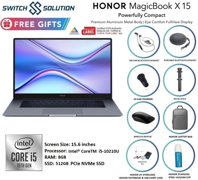HONOR MAGICBOOK X15 INTEL I5 8GB + 512GB / 2 YEARS HONOR MSIA WARRANTY WITH FREEBIES Malaysia