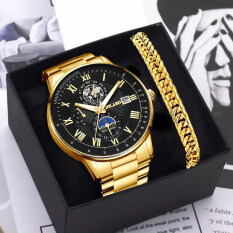 Geneva 2 chiếc đồng hồ nam thời trang với Vòng đeo tay vàng bằng thép không gỉ Tự động đồng hồ thạch anh ngày thường ngày chống nước Đồng hồ nam bấm giờ thể thao