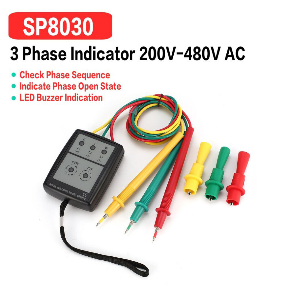 3-Phase Alternating Current Phase Meter Portable Phase-sequence Tester Digital Phase-order Indicator Phase Sequence Detector Current Tester with LED Indicator Buzzer