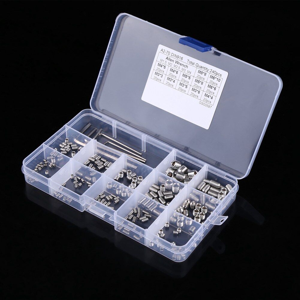 240pcs M3/M4/M5/M6/M8 Hex Socket Set Screws Assortment Kit with Hex Keys