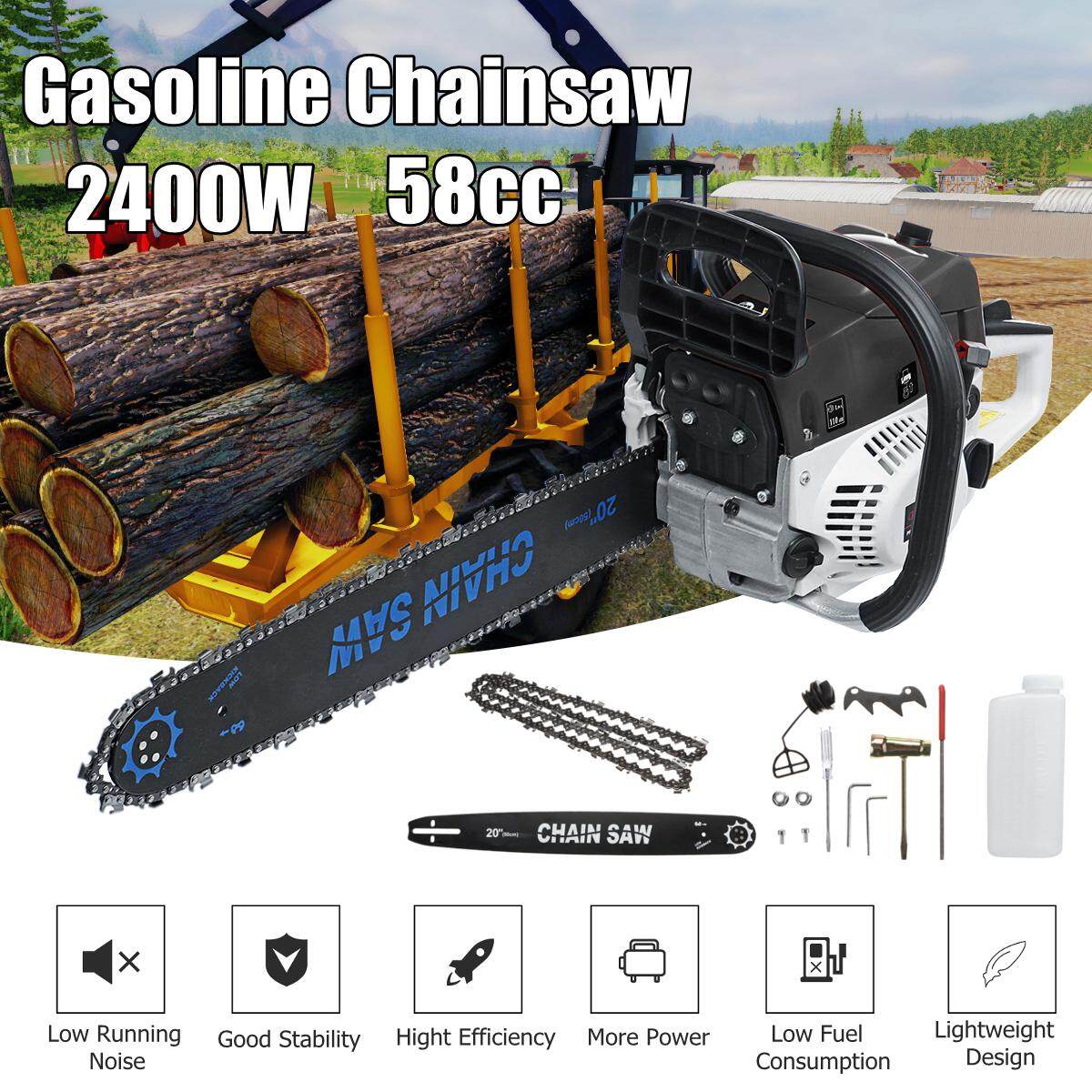 20 58CC 2400W Xăng Khí Máy Cưa Xích Chạy Bằng Dây Chuyền Thấy Cắt Gỗ 8500rmp 2 Chu Kỳ