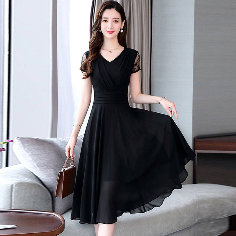 Elf tribe chiffon dress women noble lady elegant midi short sleeve v-neck a-line dress
