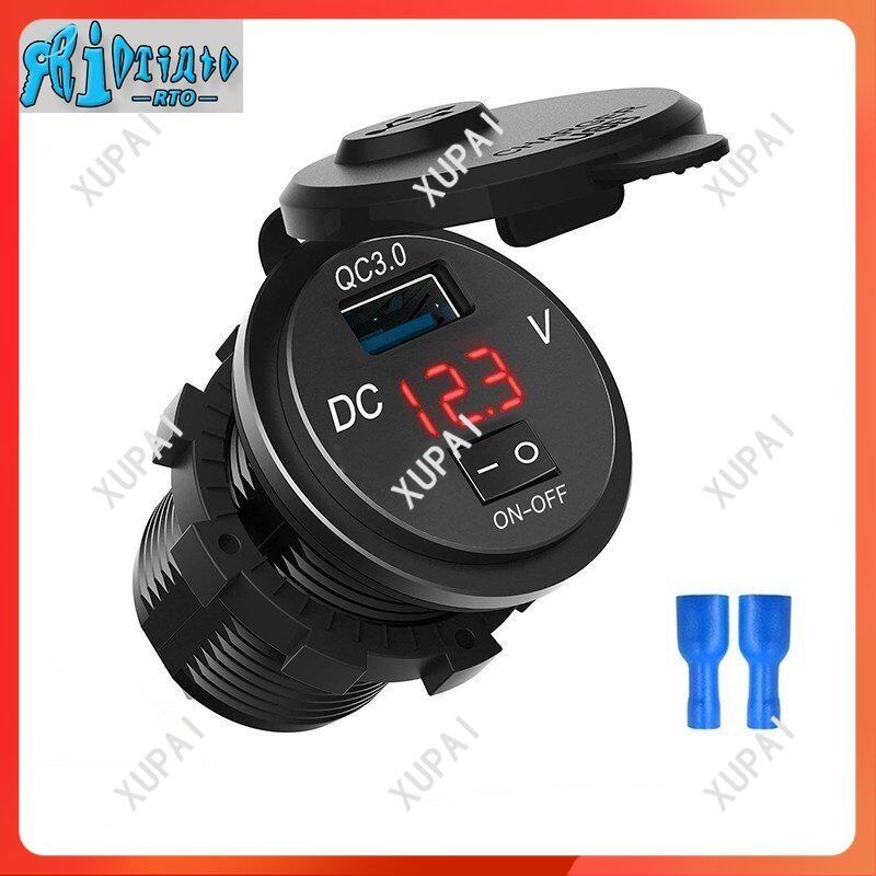RTO QC 3.0 Motorcycle Boat Car USB Charger Socket LED Voltmeter With ON/OFF Switch Power Socket Adapter/ LED Display Waterproof Output for Car Marine Motorcycle Boat ATV RV Camper