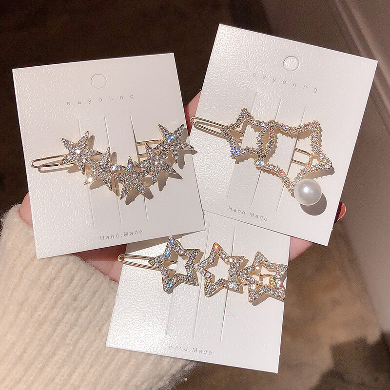 3Pcs/set Full Bling Rhinestones Star Hairclips Pentagram Pearl Bangs Side Clip Bobby Pin Women Korean Fashion Hair Accessories