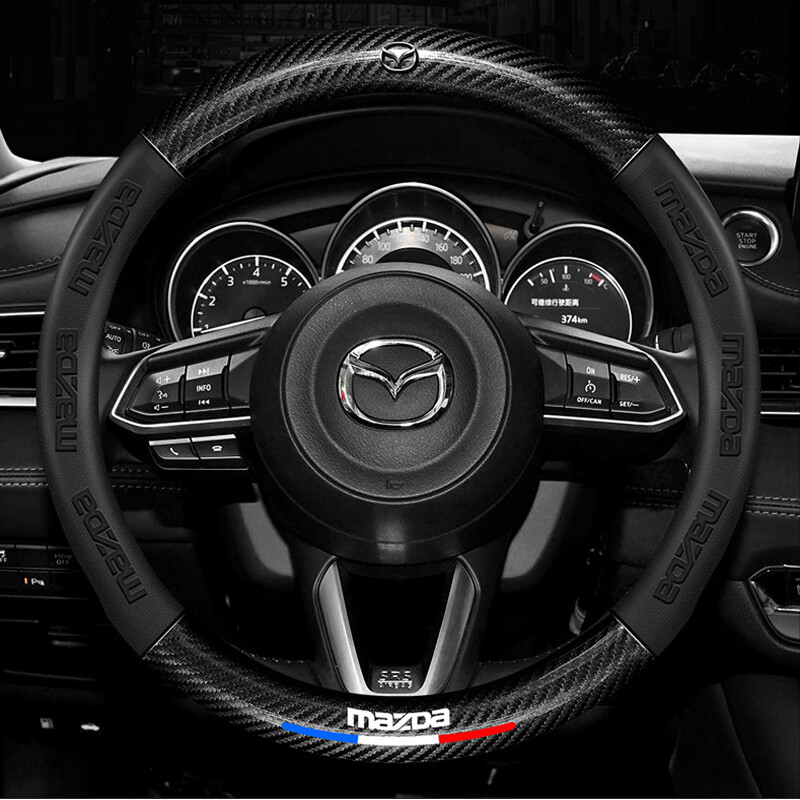 Carbon Fiber Leather 3D Relief Car Steering Wheel Cover 38cm For Mazda 2 3 5 6 8 Atenza AXELA BT-50 CX5 CX7 CX3 CX9 CX30 Accessories