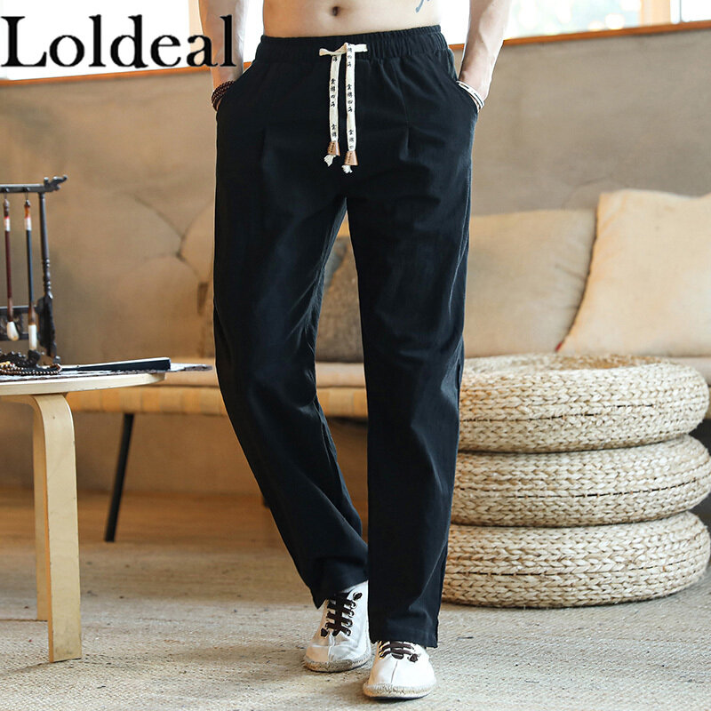 Loldeal Chinese Style Long Pants Men's Slim Linen Comfortable Solid Color Elastic Waist Casual