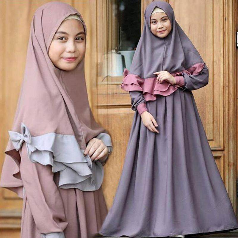 Kids Long dress Muslim Hijab Islamic Abaya Kaftan+Bown Arab maxi dress For 3pcs