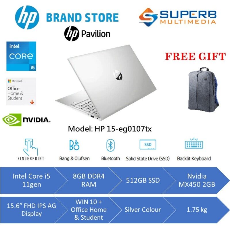 HP Pavilion Laptop 15-eg0107TX (Intel core i5 11gen, 8gb ram, 512gb ssd, Nvidia MX450 2gb, 15.6 FHD IPS, Win10, OPI, Silver) Malaysia