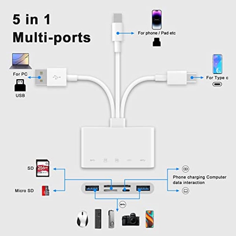 Cnagain 5 trong 1 đầu đọc thẻ nhớ, bộ chuyển đổi OTG USB và đầu đọc thẻ SD cho iPhone/iPad, loại USB C và USB một thiết bị có micro SD và khe đựng thẻ SD, hỗ trợ SD/Micro SD/SDHC/SDXC