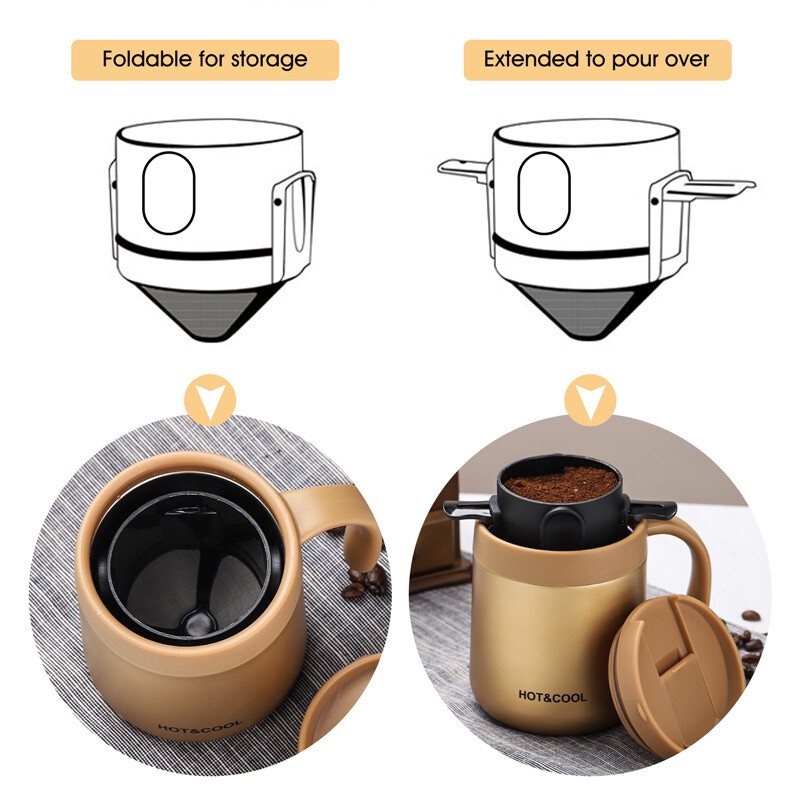 BINCOO Coffee Filter 304 Stainless Steel  Double-layer Drip Coffee Dripper Foldable Tea Infuser Mesh Paperless Portable Holder
