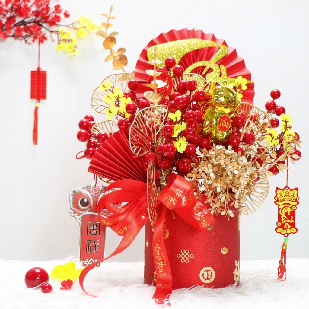 Chậu đào đông trang trí tết a11 may mắn tài lộc – handmade