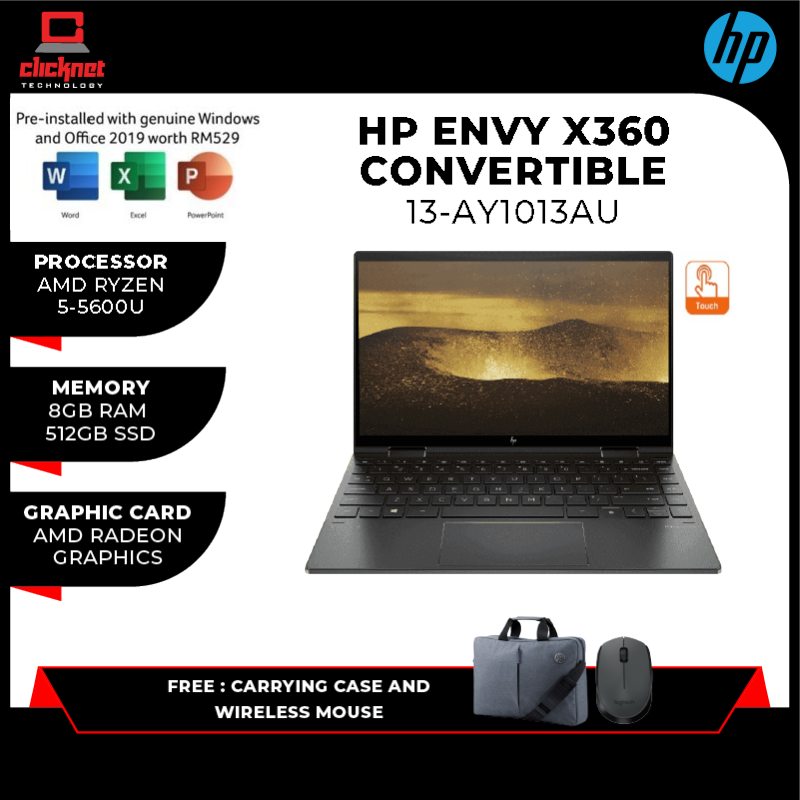 HP ENVY X360 CONVERTIBLE 13-AY1013AU (R5-5600U, 8GB, 512GB SSD, 13.3 FHD TOUCH, BLACK-W11, H&S) Malaysia