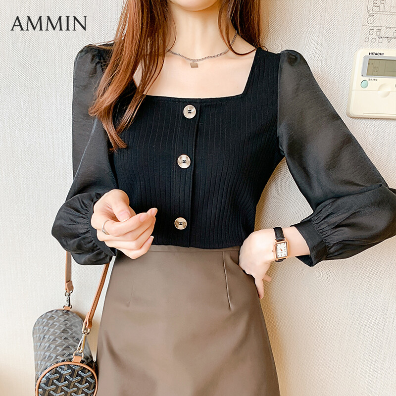 AMMIN 2021 Square Neck Leaky Clavicle Slim Thin Chiffon Shirt Women's Puff Sleeve Short Fashion Top Chiffon Blouse