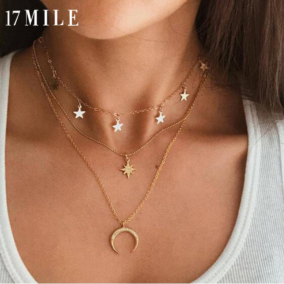 17MILE Fashion Gold Moon Coin Long Necklace For Women Star heart Pendants Clavicle chain Multilayer necklaces 2020 Vintage Jewelry