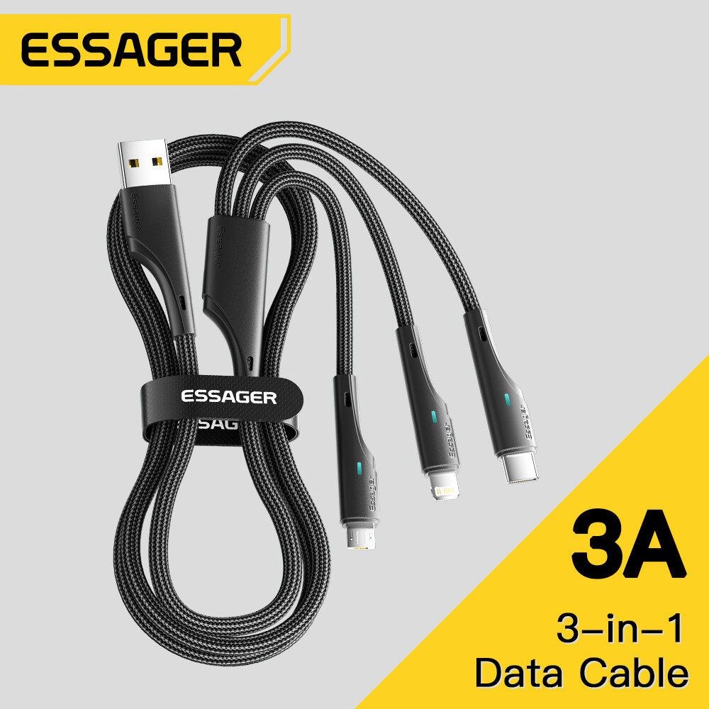 Essager 3A 3 In 1 Braided Nylon Cable Fast Charging Cable Micro USB Type C Lightning Cable Multi port USB Charging Cables