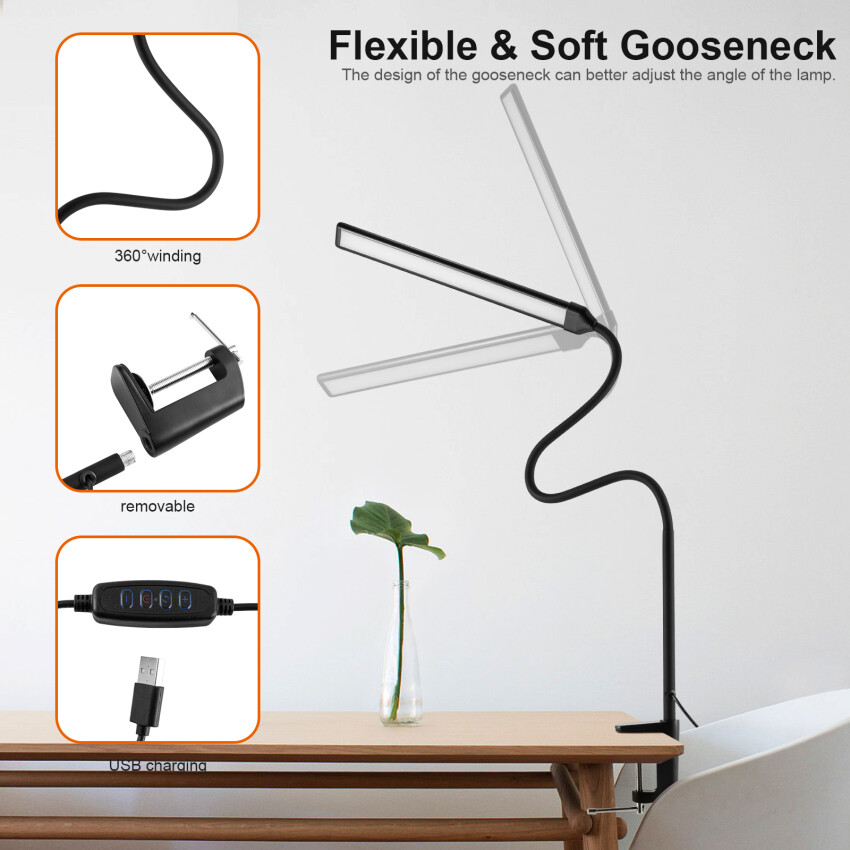 Toolour LED Desk Lamp With Clamp, Swing Arm Desk Light With Touch Control, Wide Coverage Area Table Light, Eye-Care Architect Task Lamp, 3 Modes 10 Brightness, Adaptor Powered Table Lamp For Student