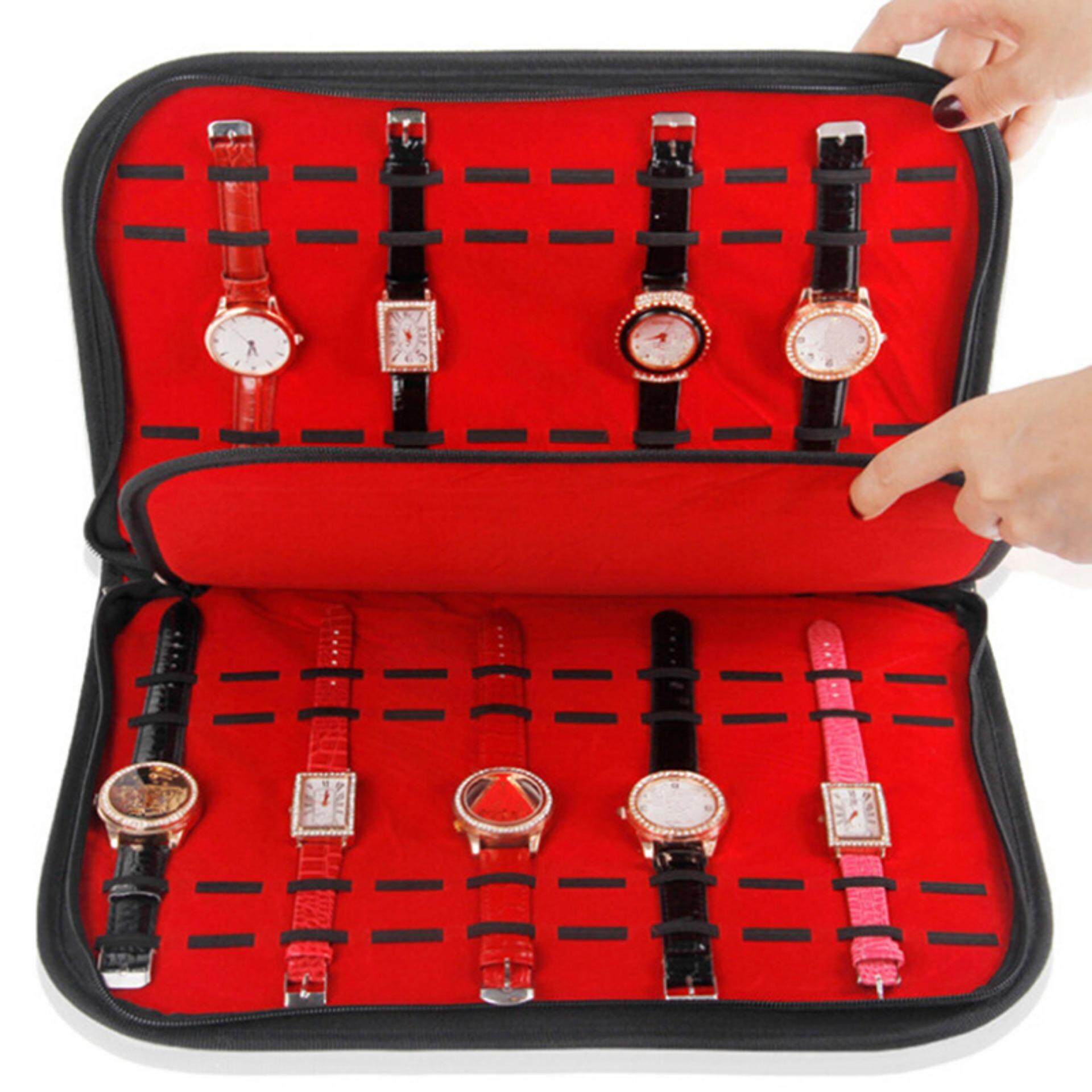 Grids Watch Case With Zipper Velvet Wristwatch Display Storage Box Malaysia