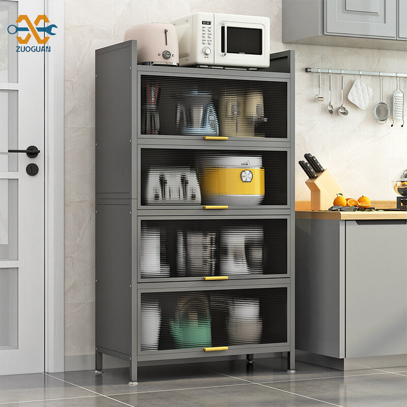 Flip lid kitchen with door, floor-to-ceiling multi-storey shelves, microwave oven, dustproof, multi-functional storage cabinet