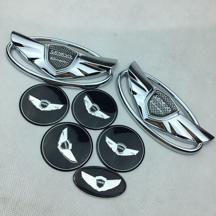 7pcs/set Front rear emblem Steering wheel logo Wheel hub cap covers sticker for Hyundai Rohens genesis coupe wings Silver badge