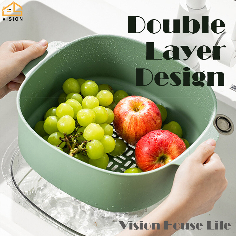 Vision Double Layer Vegetable Washing Basin Drain Basket Multi-Functional Detachable Drainage Basket Bowl Household Plastic Fruit Basket Kitchen Storage Strainer Leakage Filter Basket