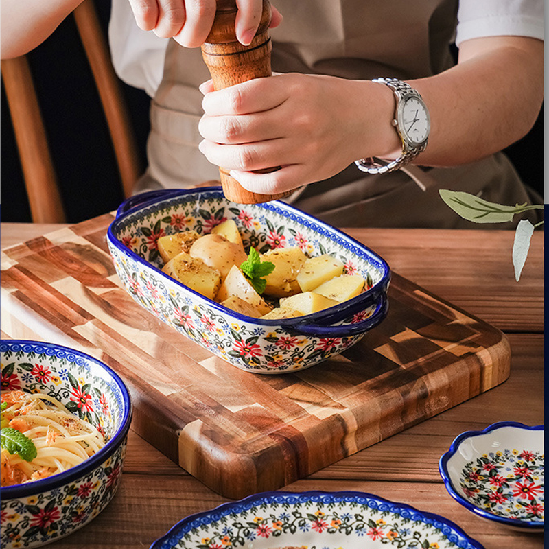 Đồ Nướng Bằng Gốm Hoài Cổ Đĩa Salad Vẽ Tay Gia Dụng Bát Cơm Chảo Nướng Hai Bên Bộ Đồ Ăn Nhà Bếp Bát Một Tay Cầm